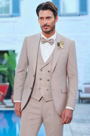Manzetti extra slim fit bézs esküvői öltöny