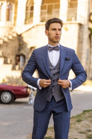 Manzetti slim fit kék esküvői öltöny